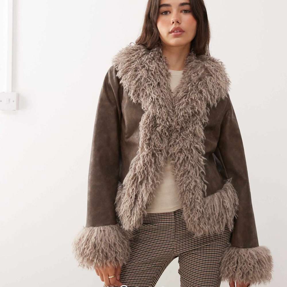ASOS reclaimed vintage Faux Fur Trim leather short jacket in brown